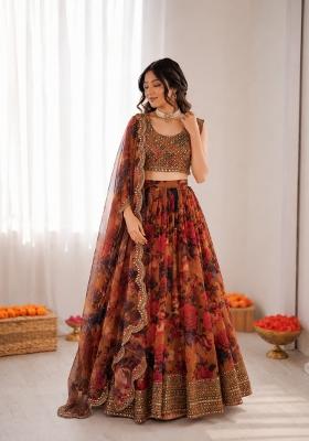 Multicolor Printed Organza Lehenga Set