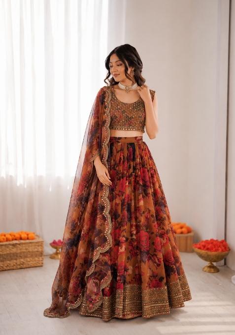 Multicolor Printed Organza Lehenga Set