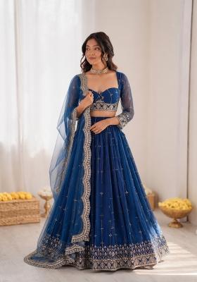 Blue Embroidered Georgette Lehenga Set