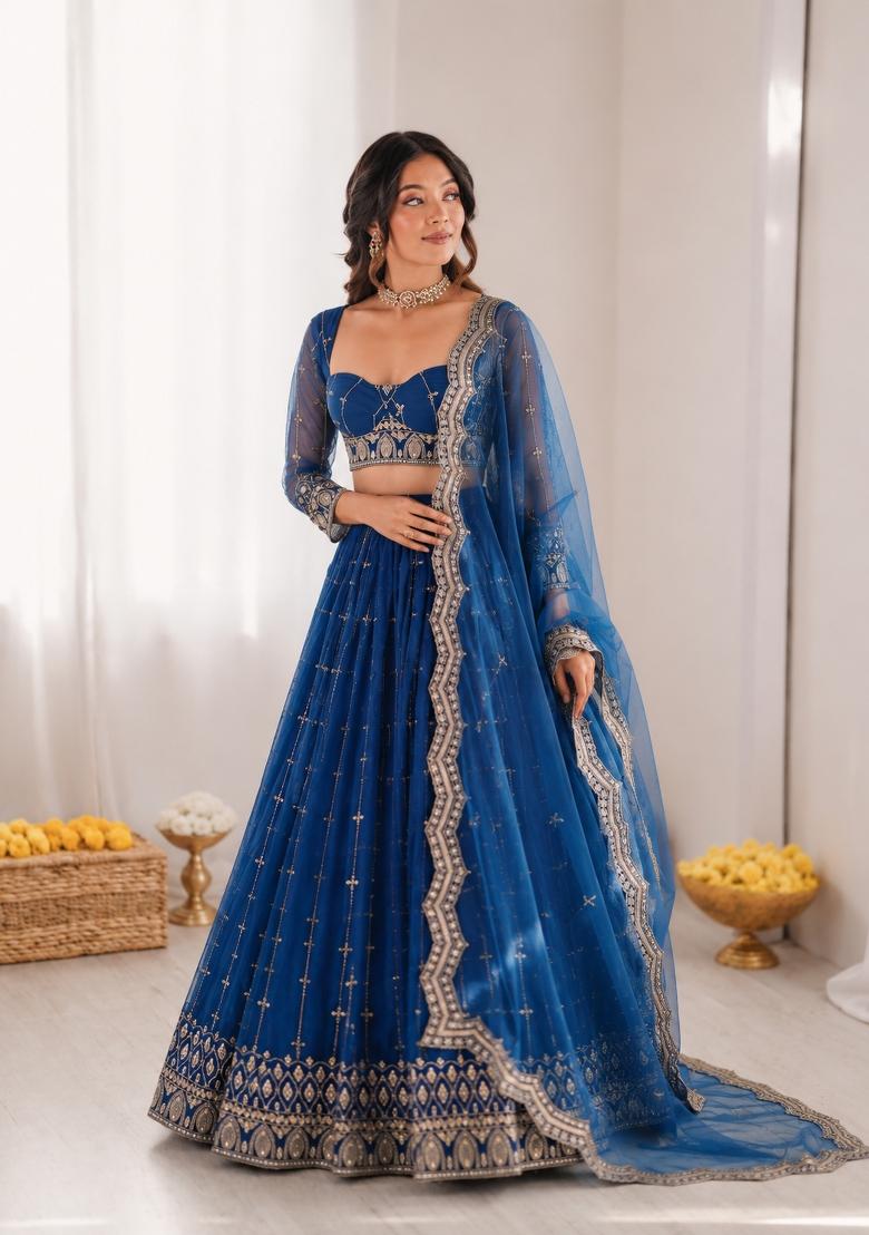 Blue Embroidered Georgette Lehenga Set - Indya
