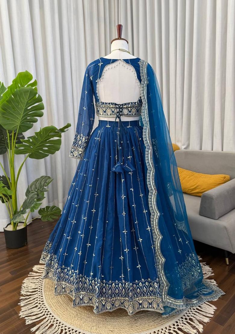 Blue Embroidered Georgette Lehenga Set - Indya