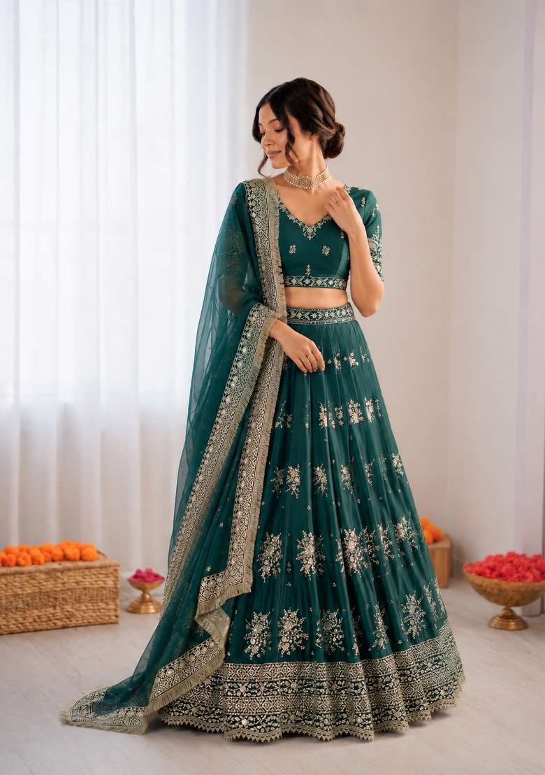 Green Embroidered Silk Blend Lehenga Set - Indya