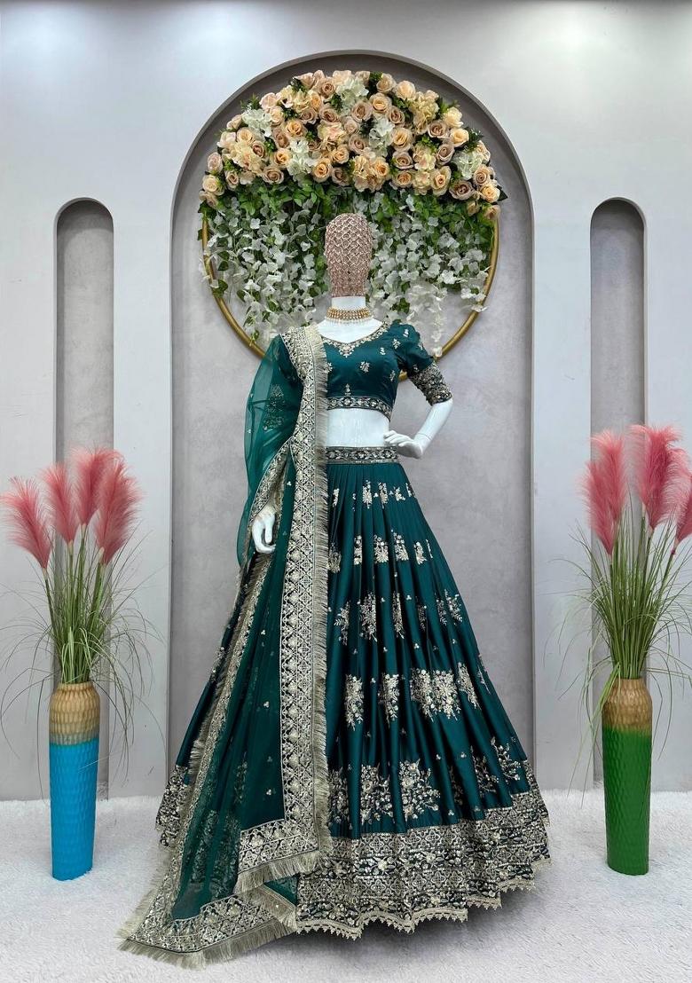 Green Embroidered Silk Blend Lehenga Set - Indya