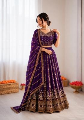 Violet Embroidered Silk Blend Lehenga Set