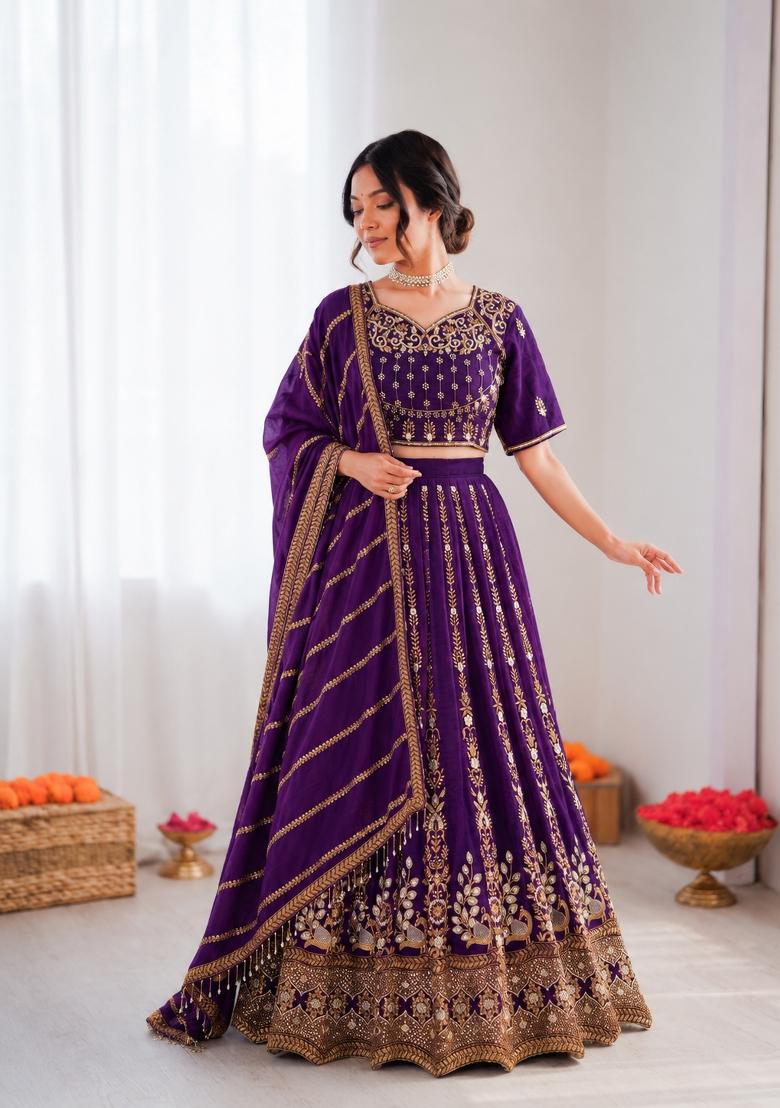 Violet Embroidered Silk Blend Lehenga Set - Indya