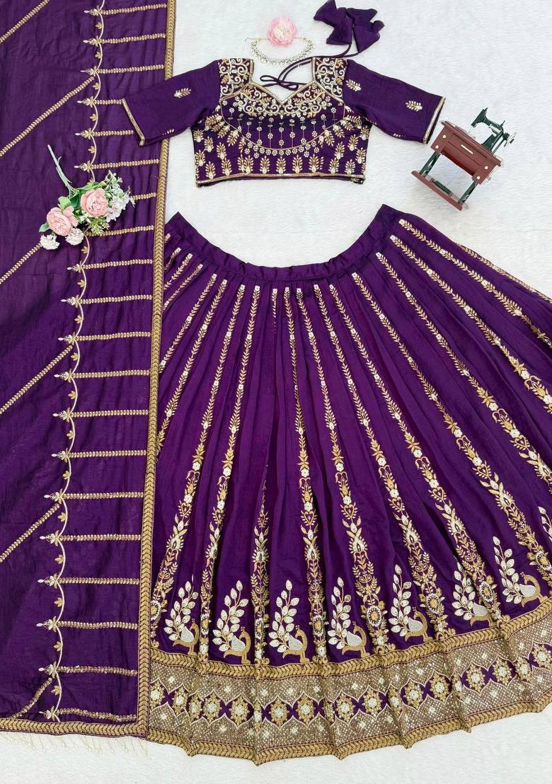 Violet Embroidered Silk Blend Lehenga Set - Indya