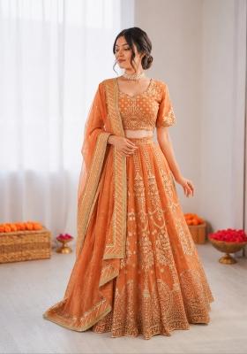Orange Embroidered Georgette Lehenga Set