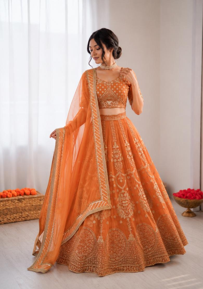 Orange Embroidered Georgette Lehenga Set - Indya