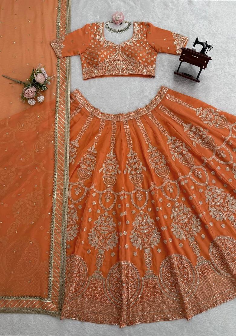 Orange Embroidered Georgette Lehenga Set - Indya