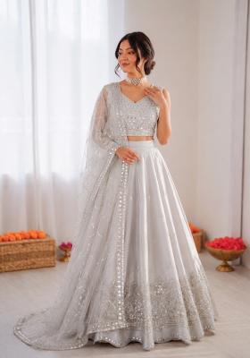 Light Grey Embroidered Silk Blend Lehenga Set