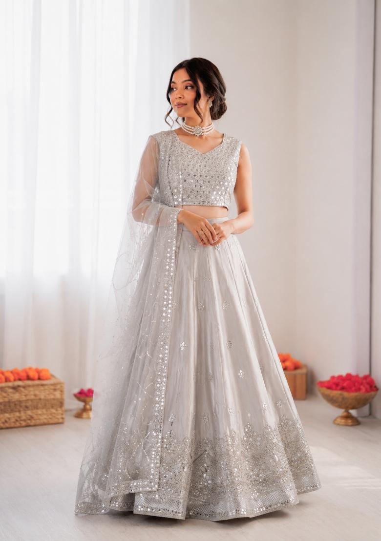 Light Grey Embroidered Silk Blend Lehenga Set - Indya