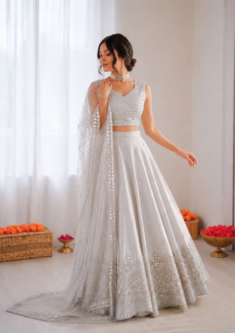 Light Grey Embroidered Silk Blend Lehenga Set - Indya