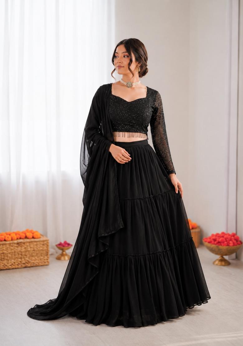 Black Plain Georgette Lehenga Set - Indya