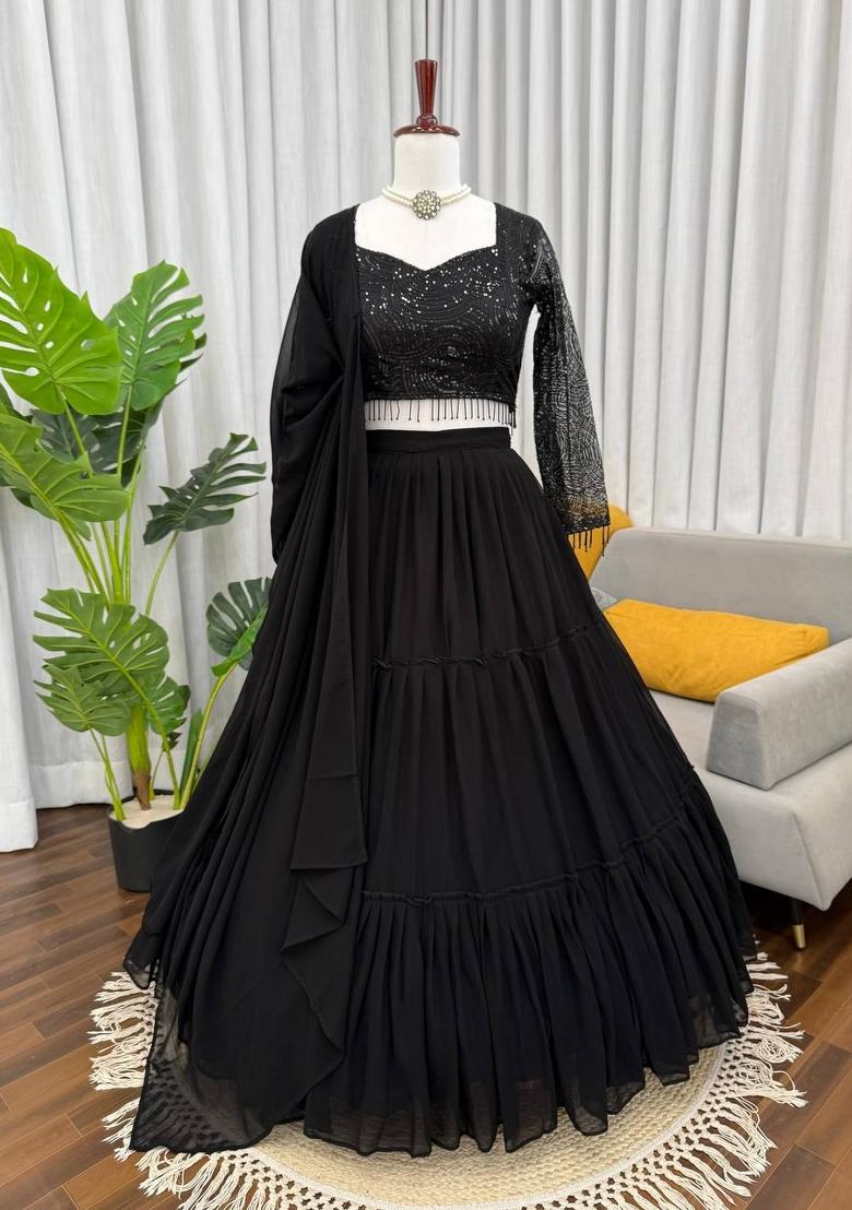 Black Plain Georgette Lehenga Set - Indya