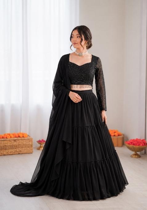 Black Plain Georgette Lehenga Set