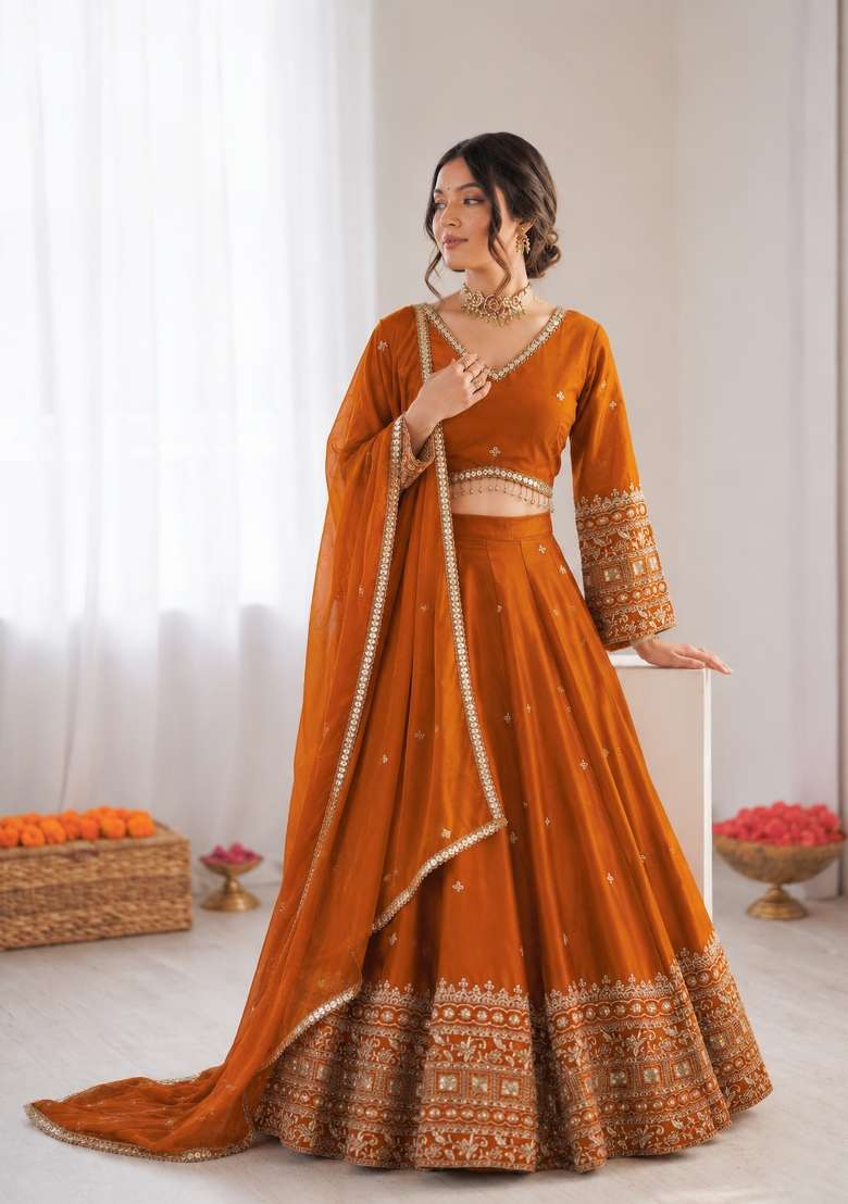 Orange Embroidered Silk Blend Lehenga Set - Indya