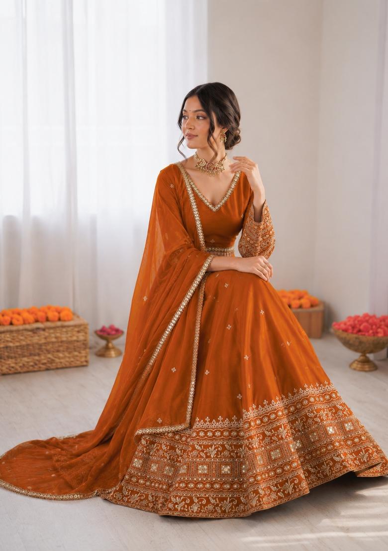 Orange Embroidered Silk Blend Lehenga Set - Indya