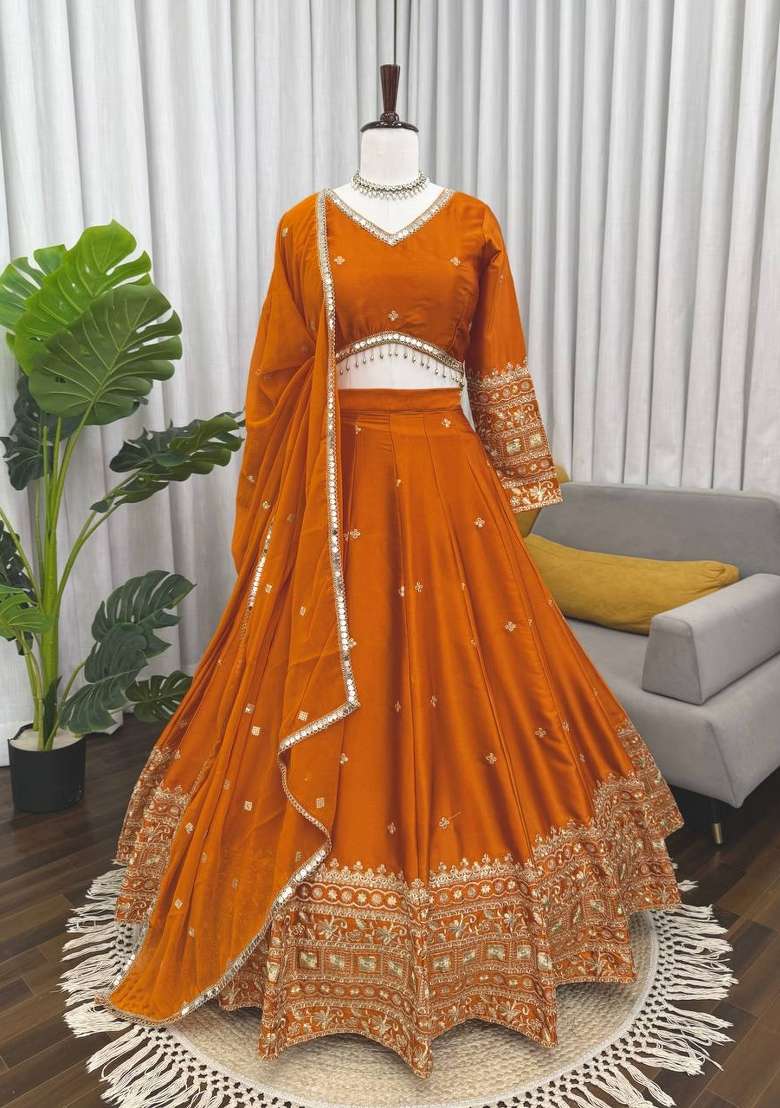 Orange Embroidered Silk Blend Lehenga Set - Indya