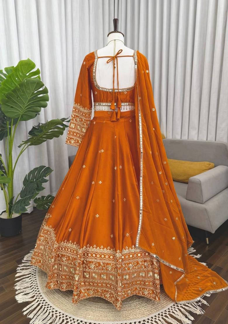 Orange Embroidered Silk Blend Lehenga Set - Indya