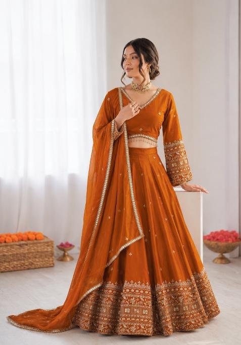 Orange Embroidered Silk Blend Lehenga Set