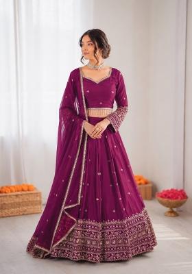 Purple Embroidered Silk Blend Lehenga Set