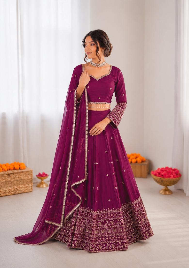 Purple Embroidered Silk Blend Lehenga Set - Indya