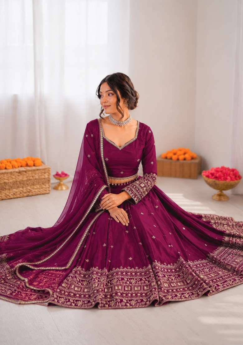 Purple Embroidered Silk Blend Lehenga Set - Indya