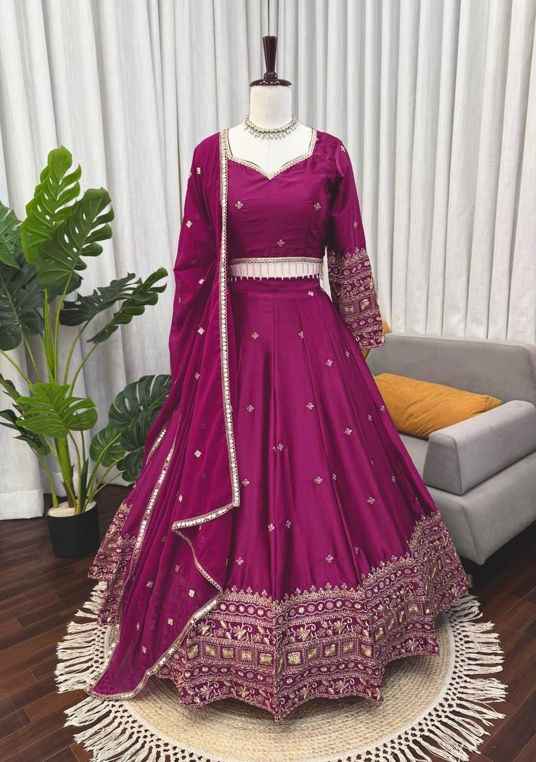 Purple Embroidered Silk Blend Lehenga Set - Indya