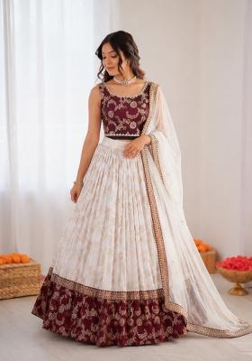 Off White Embroidered Jacquard Lehenga Set