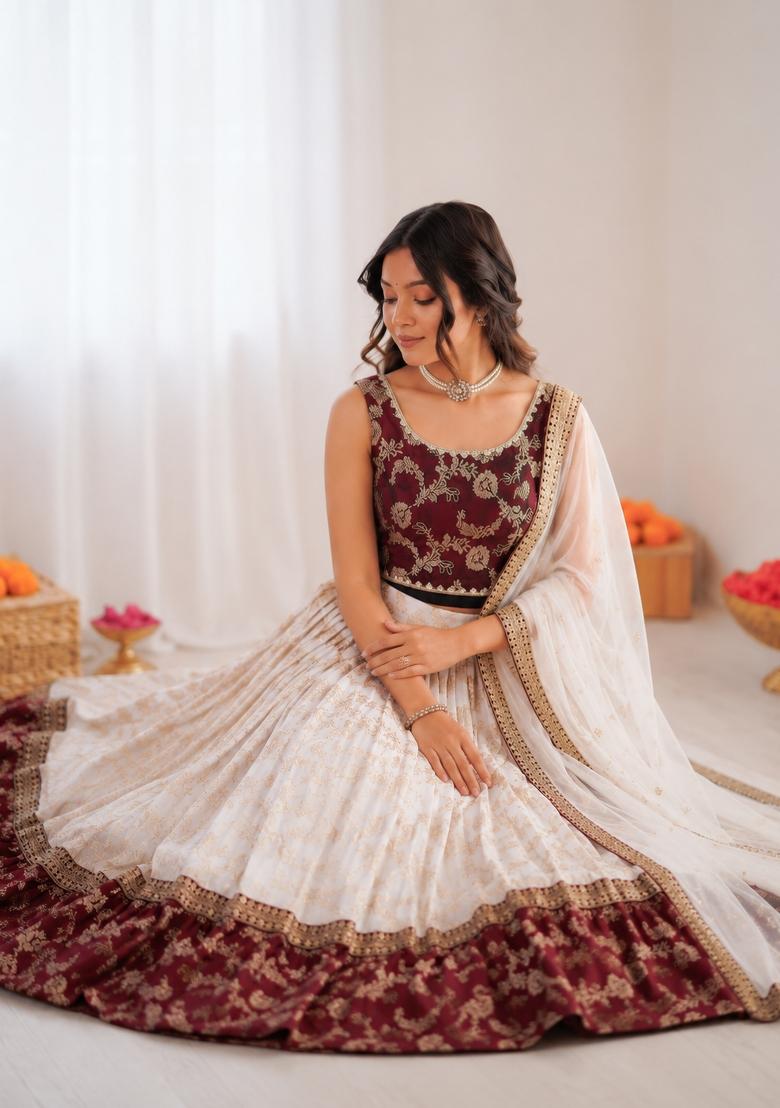 Off White Embroidered Jacquard Lehenga Set - Indya
