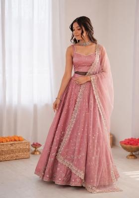 Onion Pink Embroidered Silk Blend Lehenga Set