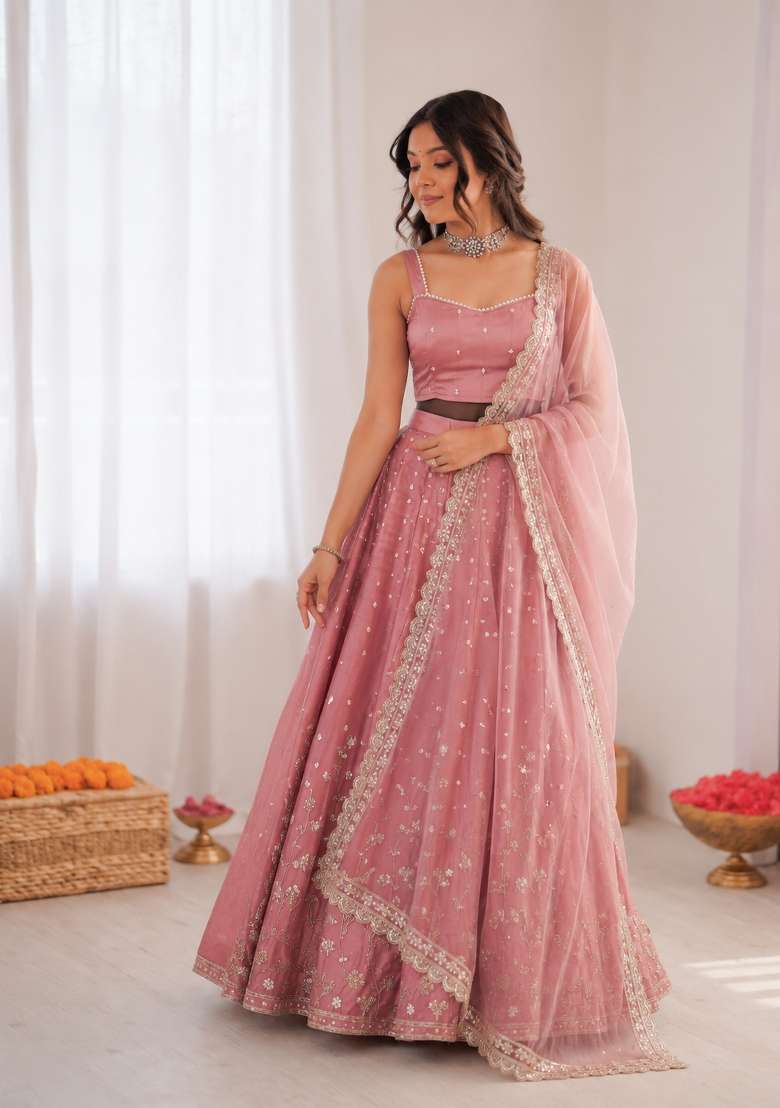 Onion Pink Embroidered Silk Blend Lehenga Set - Indya