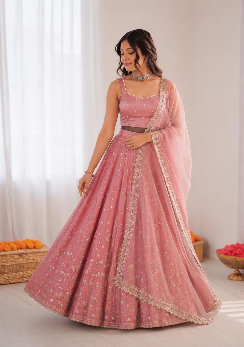 Onion Pink Embroidered Silk Blend Lehenga Set - Indya