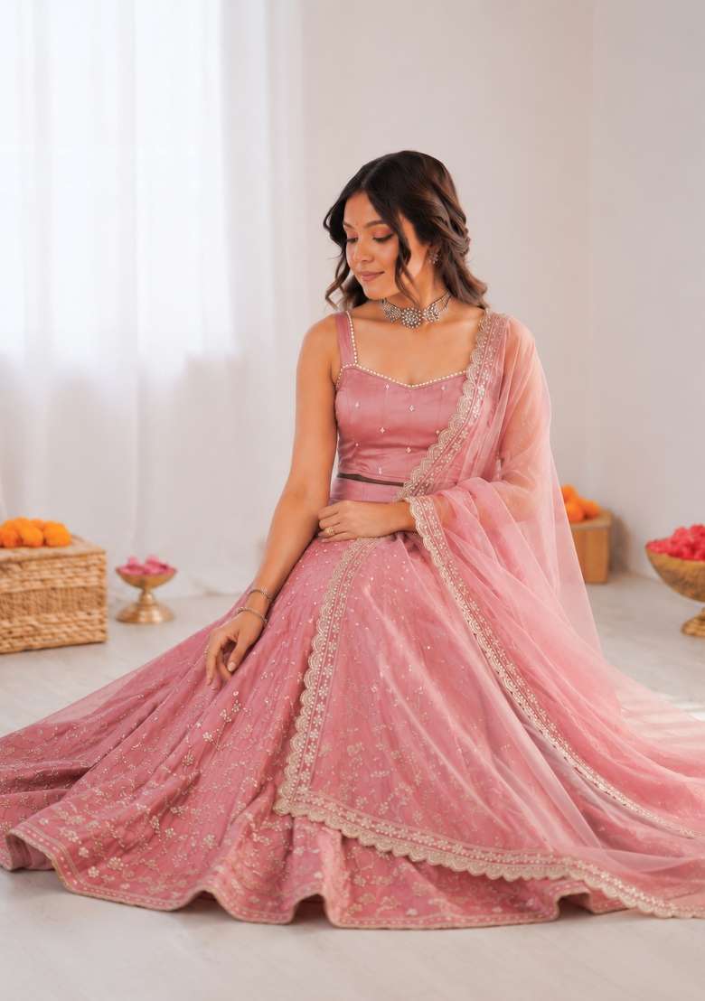 Onion Pink Embroidered Silk Blend Lehenga Set - Indya