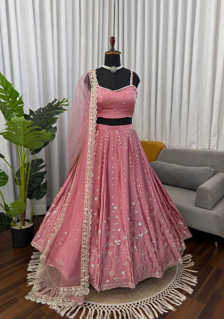Onion Pink Embroidered Silk Blend Lehenga Set - Indya