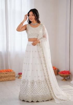 Off White Embroidered Georgette Lehenga Set
