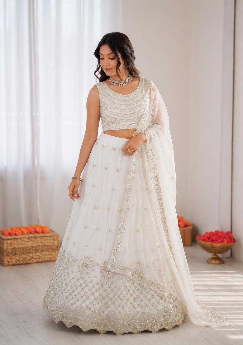 Off White Embroidered Georgette Lehenga Set - Indya