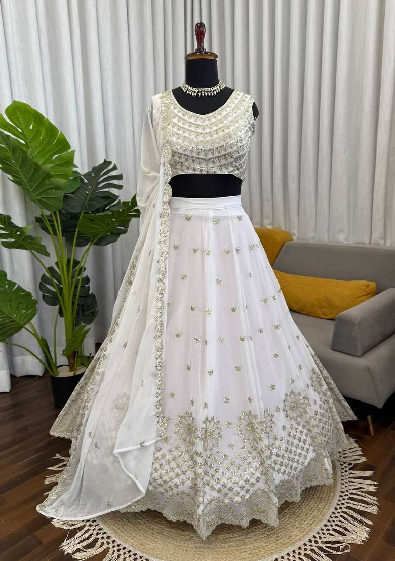 Off White Embroidered Georgette Lehenga Set - Indya