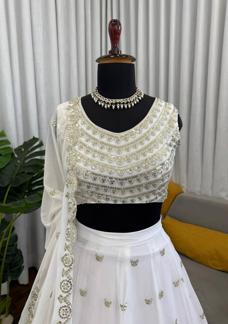 Off White Embroidered Georgette Lehenga Set - Indya