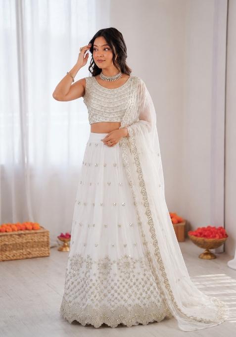 Off White Embroidered Georgette Lehenga Set