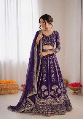 Purple Embroidered Georgette Lehenga Set