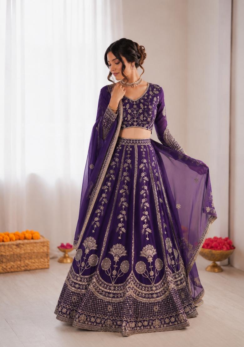 Purple Embroidered Georgette Lehenga Set - Indya