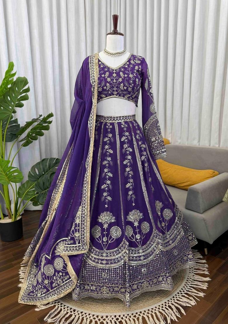 Purple Embroidered Georgette Lehenga Set - Indya