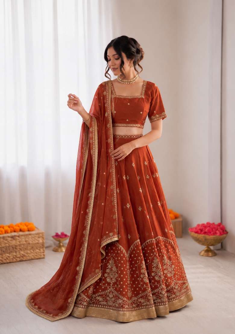 Orange Embroidered Silk Blend Lehenga Set - Indya