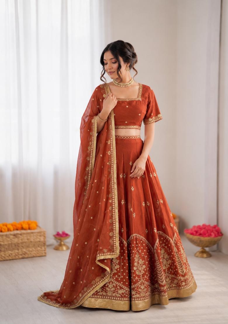 Orange Embroidered Silk Blend Lehenga Set - Indya