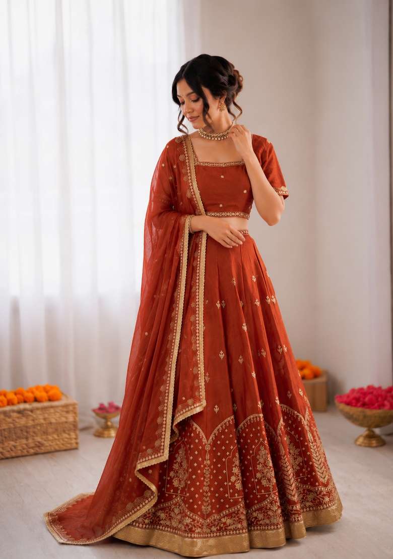 Orange Embroidered Silk Blend Lehenga Set - Indya