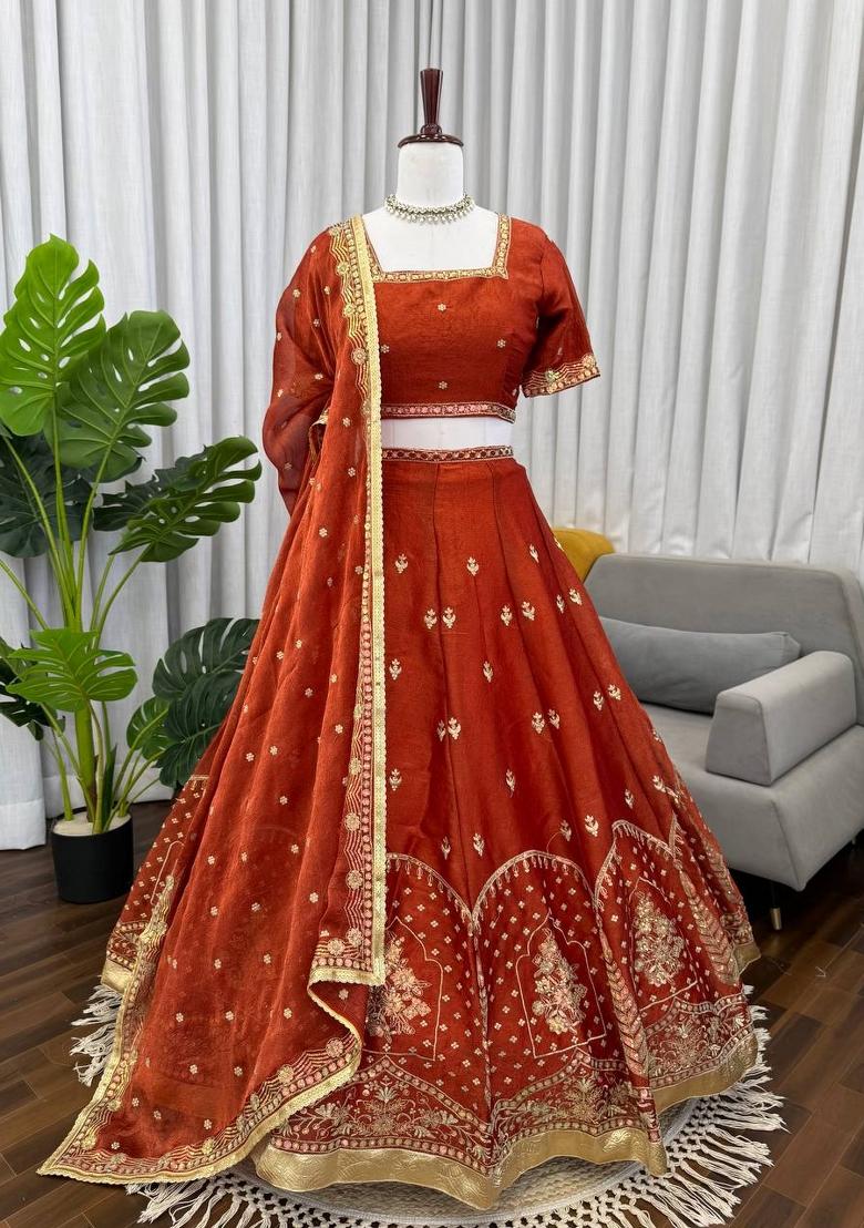Orange Embroidered Silk Blend Lehenga Set - Indya