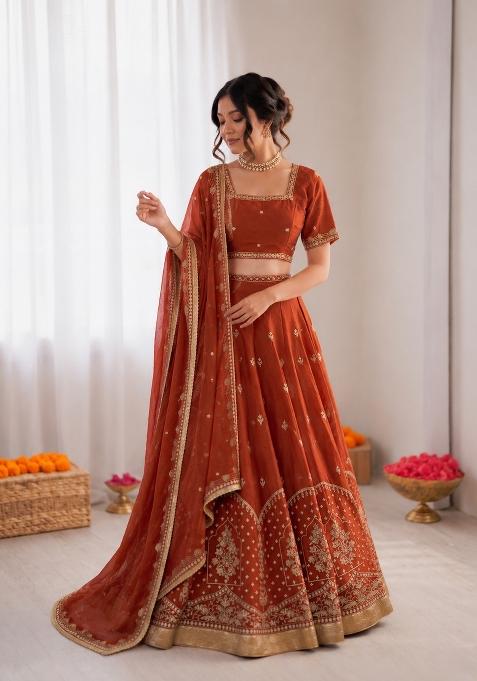 Orange Embroidered Silk Blend Lehenga Set