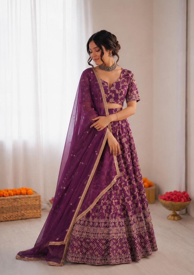 Purple Embroidered Jacquard Lehenga Set - Indya