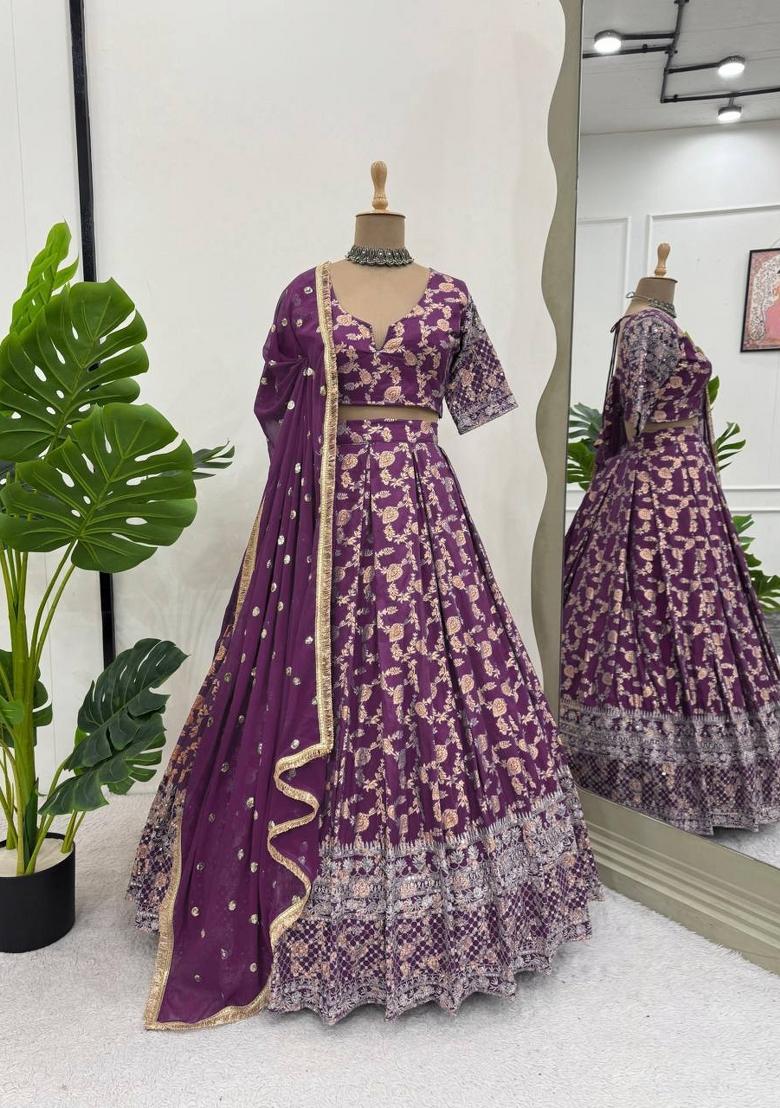 Purple Embroidered Jacquard Lehenga Set - Indya